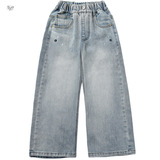 女童牛仔裤加绒加厚2025年秋冬新款中大童烫钻刺绣阔腿裤复古长裤，童装裤子，祺儿童装