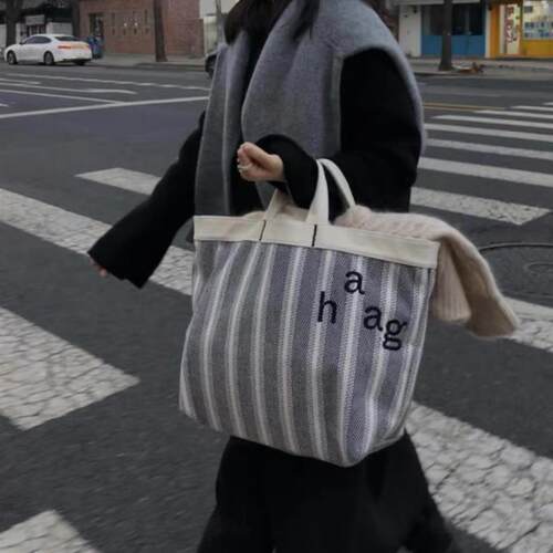 haag设计款韩国ins小众帆布手提休闲包简约条纹大容量托特包