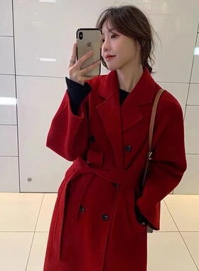 双面羊毛大衣女双排扣腰带韩版宽松显瘦黑色毛呢外套遮肉大码秋冬