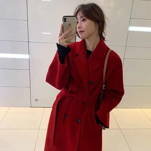 双面羊毛大衣女双排扣腰带韩版 秋冬 宽松显瘦黑色毛呢外套遮肉大码