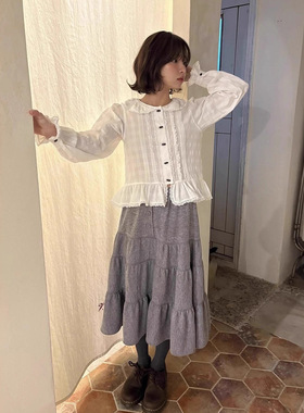 viaplain现货26春款韩国东大门重工蕾丝娃娃领衬衫小个子宽松上衣