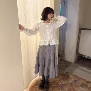 viaplain现货26春款 小个子宽松上衣 韩国东大门重工蕾丝娃娃领衬衫