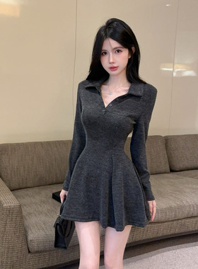 欧美2026跨境外贸灰色V领连衣裙气质显瘦掐腰A字短裙