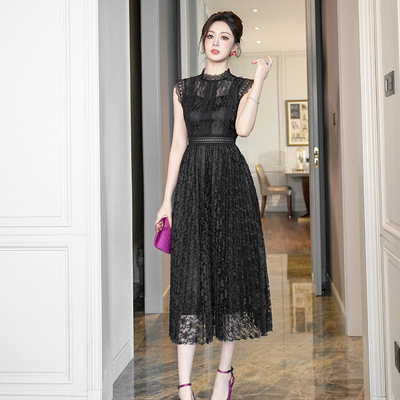 蕾丝刺绣连衣裙女2025年夏季新款法式气质黑色性感长裙夏21850