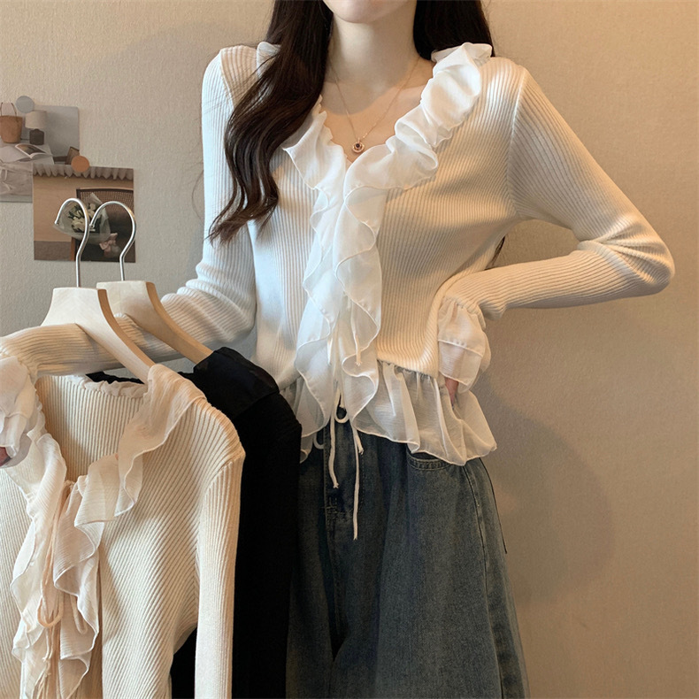 韩版秋冬季设计感小众荷叶边绑带长袖针织衫女气质百搭短款上衣女