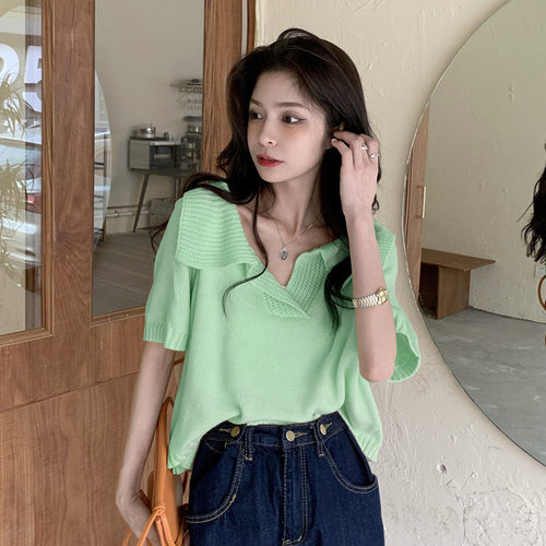 chic韩风纯色宽松短款上衣服女夏季款设计感小众法式短袖T恤女ins