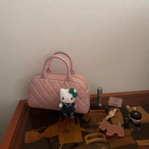 学院风菱格纹手拎小号保龄球包秋冬手提包包女2025新款小香风绣花