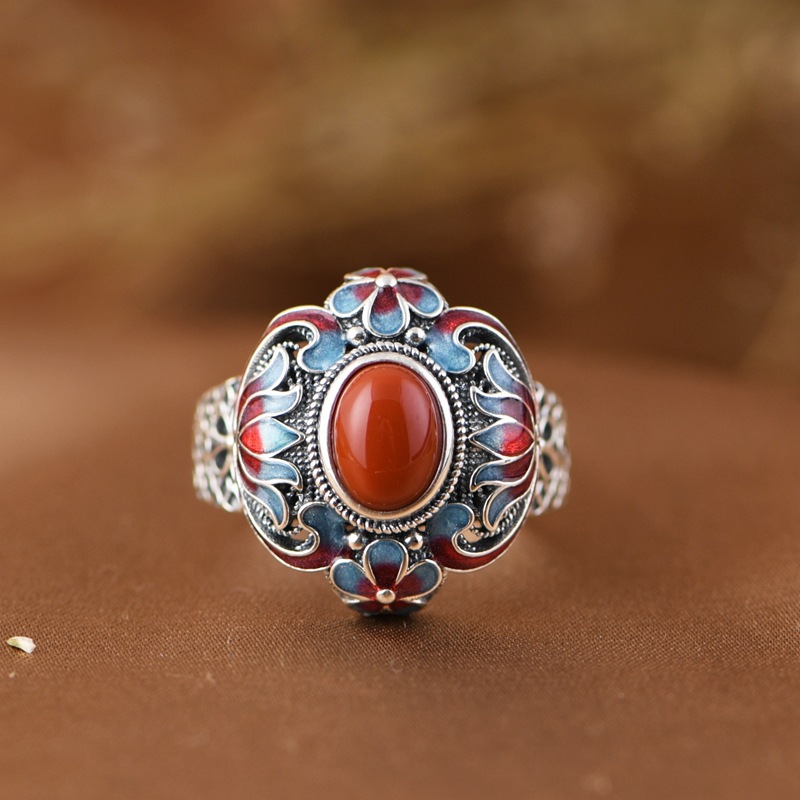 珐琅彩景泰蓝戒指女款开口镶石指环烧蓝工艺女士国潮民族风银戒子