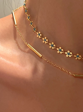 跨境欧美中世纪复古风INS蓝色小花滴胶时尚项链钛钢颈链饰品