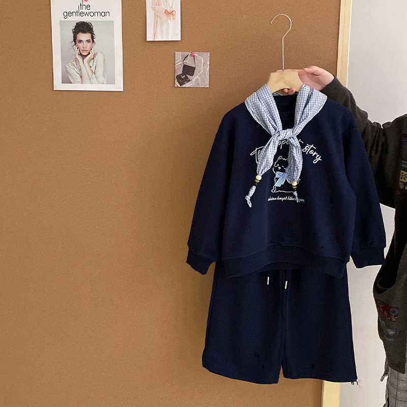 韩国版2026春款女童时髦格子披肩百搭卫衣儿童宽松休闲卫裤两件套