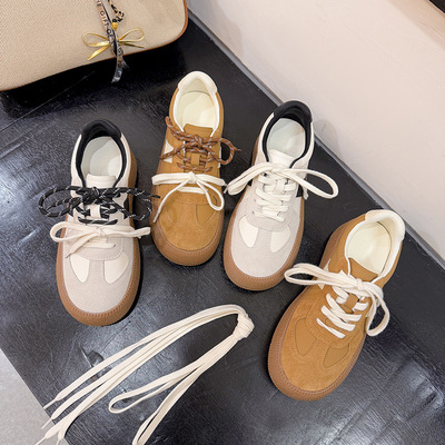 内增高鸳鸯鞋带厚底休闲运动鞋女德训鞋新款真皮复古拼色阿甘鞋