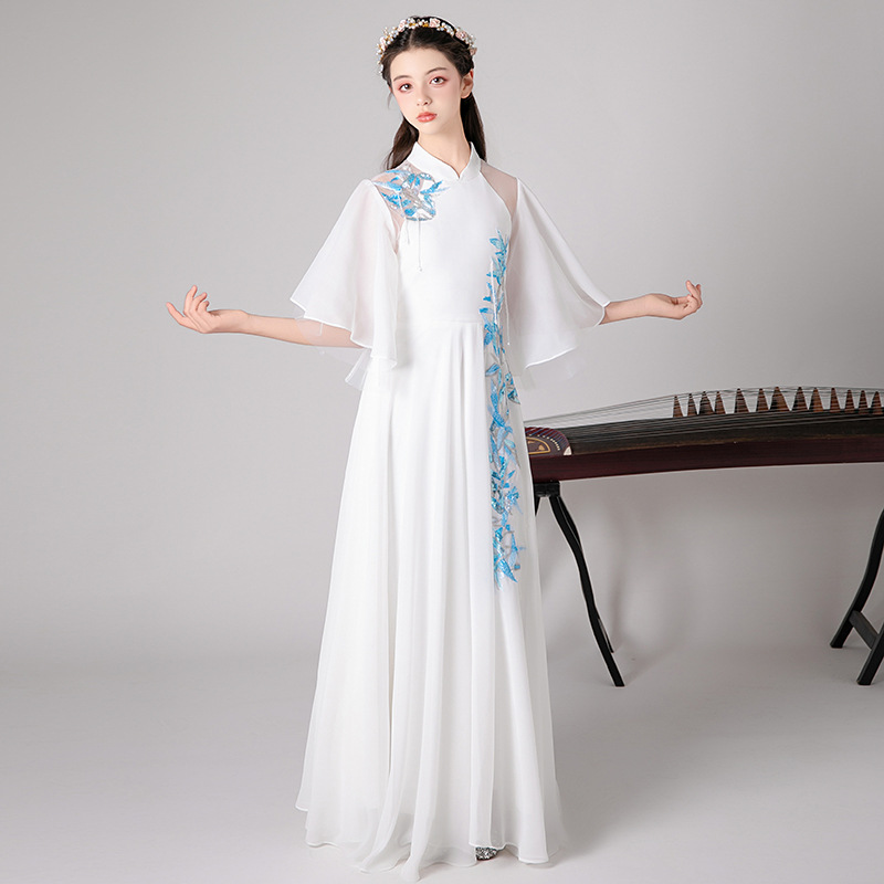 2025新款女童弹古筝演出服民乐演奏合唱表演中大童学生艺考晚礼服