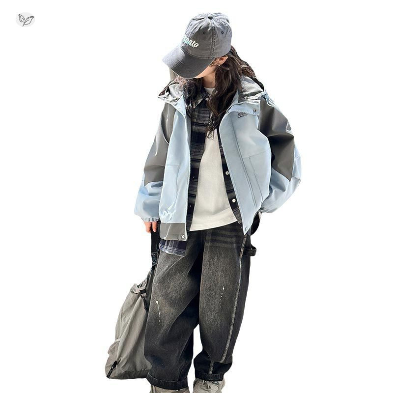 女童2025年秋季新款拼色冲锋衣中大童春秋韩版拉链连帽夹克衫外套,商品下架区,祺儿童装