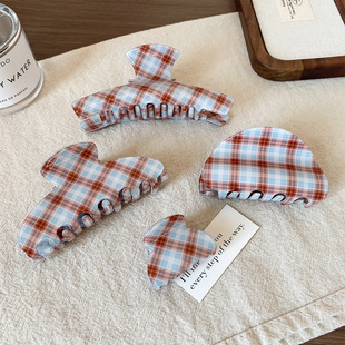 新款简约复古格纹醋酸中号抓夹级感后脑勺盘发鲨鱼夹马尾发夹头饰