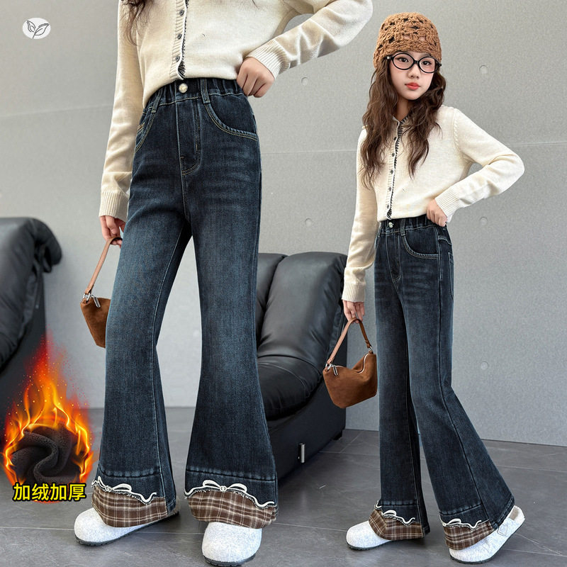 女童2025年冬季新款裤脚拼咖色格子蝴蝶结刺绣牛仔裤女大童喇叭裤，童装裤子，祺儿童装