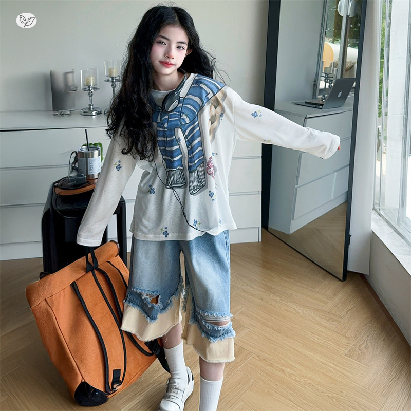 女大童防晒衣套装2025新款女孩薄款长袖T上衣小学生牛仔裤短裤潮，童装休闲套装，祺儿童装