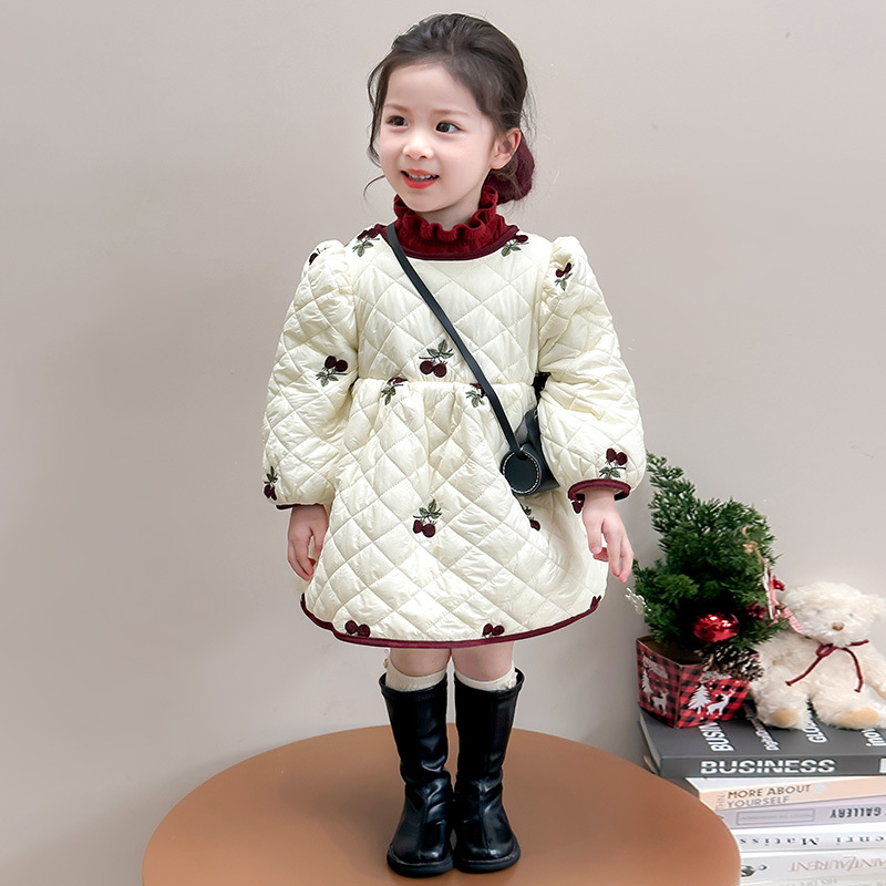 女童加厚连衣裙秋冬款2025新款儿童冬季洋气夹棉女孩公主裙子P105，童装连衣裙，祺妙童装