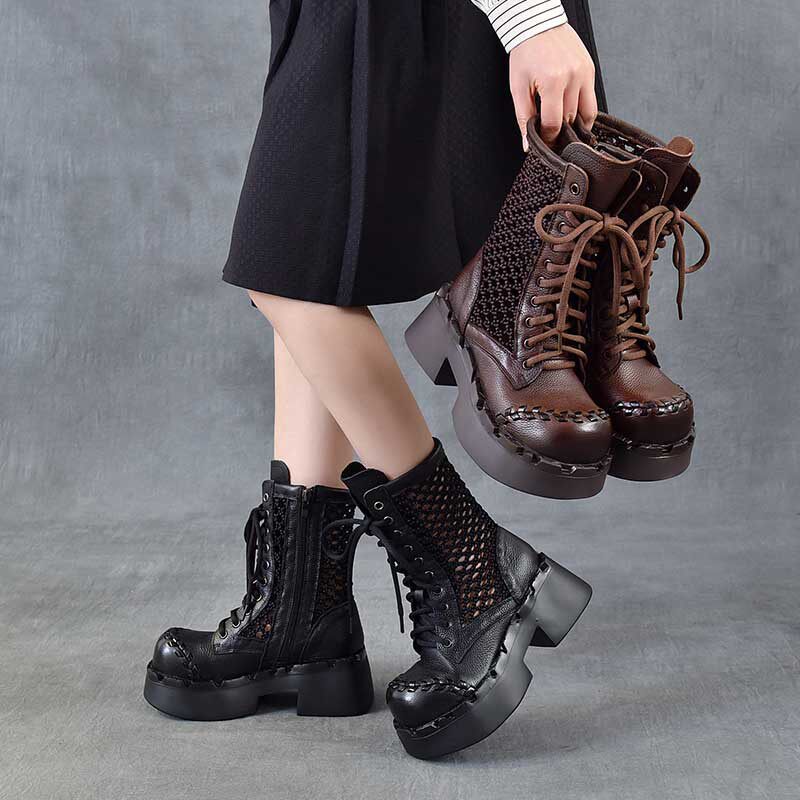 2026春夏新款头层牛皮网纱粗跟马丁靴松糕厚底镂空凉靴复古罗马鞋