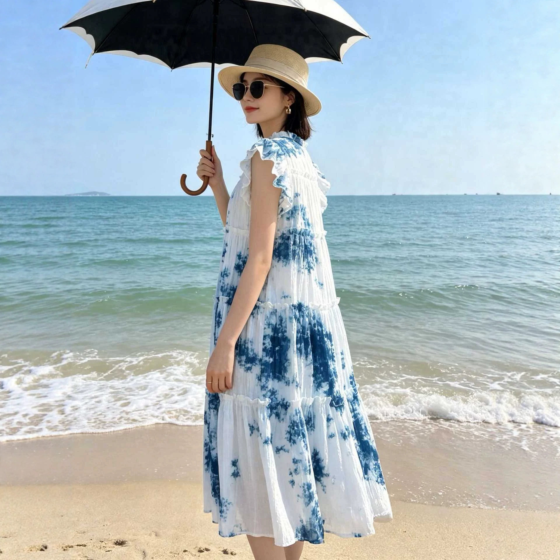 民族风手工扎染蓝染女旅游连衣裙夏款云南大理手工扎染连衣裙