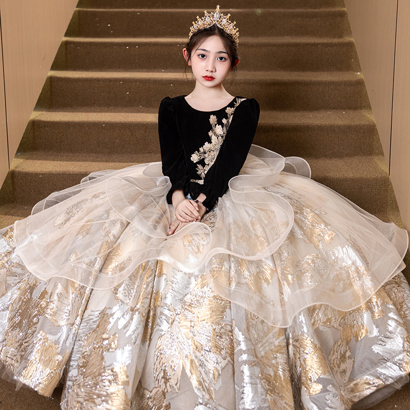 端钢琴演奏礼服女童绝美级轻奢小众黑色儿童走秀主持人演出服