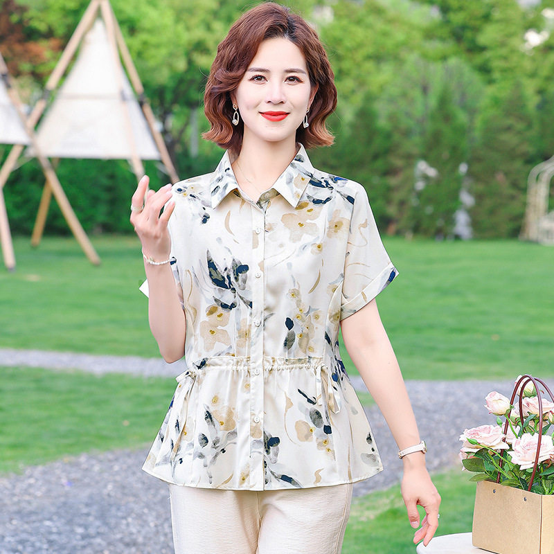 女士夏季短袖T恤衬衫中老年人妈妈薄款上衣200斤加肥加大奶奶夏装