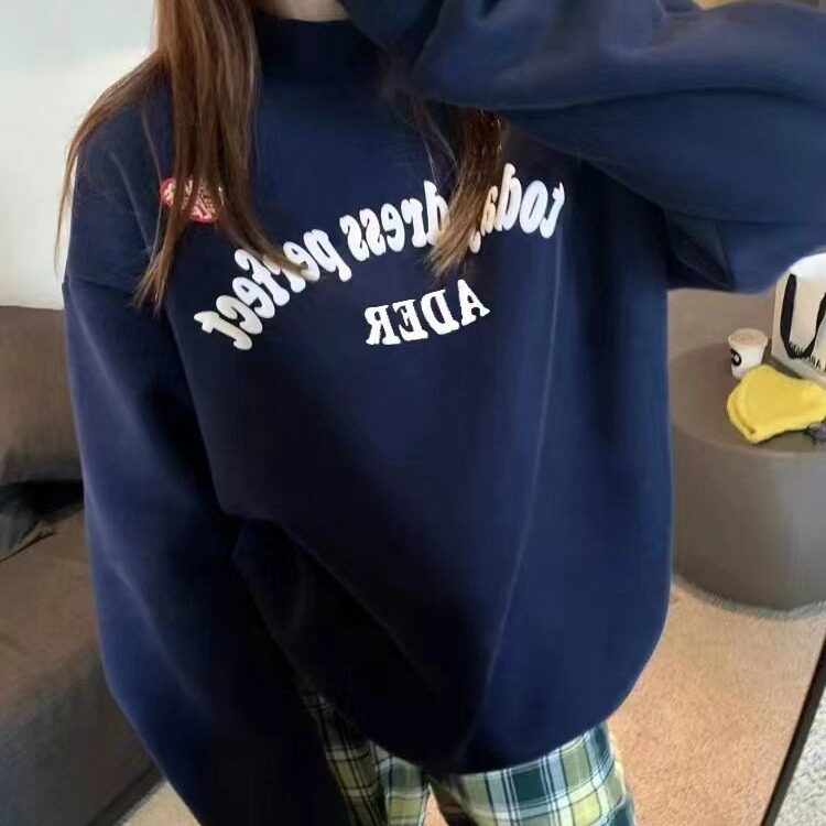 ADER加绒休闲卫衣女冬季新款字母宽松保暖圆领上衣潮牌女款套头衫