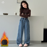 女童秋冬加绒牛仔裤2025年新款彩色爱心刺绣阔腿裤中大童直筒长裤，童装裤子，祺儿童装