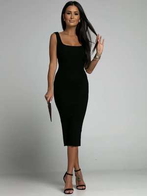 solid color sleeveless U-neck dress with a hip bump strip