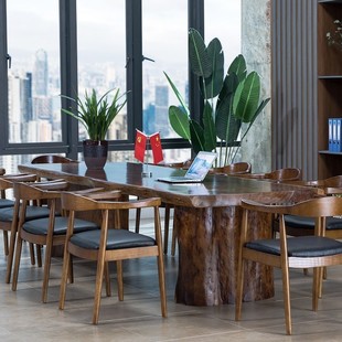 新中式 实木会议桌椅组合长条桌办公桌洽谈桌复古大板桌功夫泡茶桌