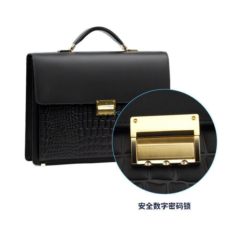 男式硬皮鳄鱼纹密码锁真皮包商务通勤公文包平板电脑包牛皮手提