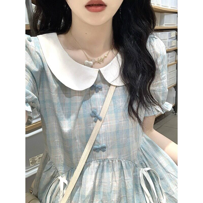 2024年夏 甜美撞色娃娃领蓝格子蝴蝶结短袖连衣裙 小清新女长裙子
