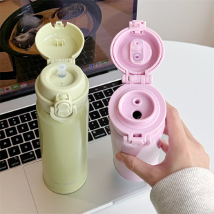 带吸管的保温杯双饮口细长款纯色系吸管直饮一体便携女生水杯子