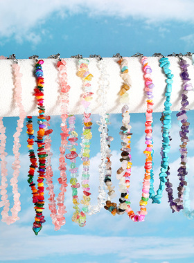 跨境外贸欧美项饰 波西米亚彩色碎石ins项链女天然石项链夏季饰品