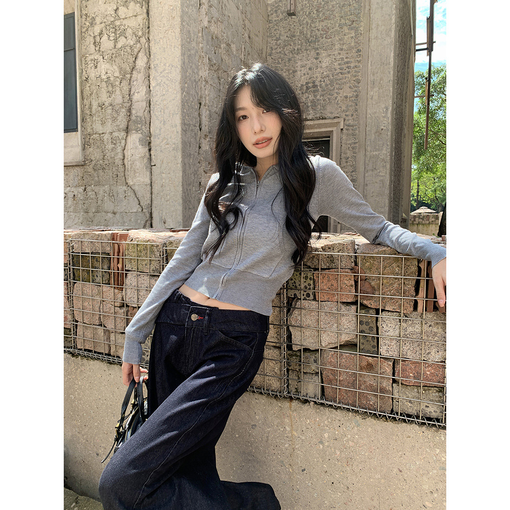 H.P美式个性连帽针织拉链开衫卫衣2025秋冬长袖短款修身显瘦上衣