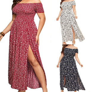 shoulder 露肩一字領(lǐng)開(kāi)叉連衣裙women dresses one long slit