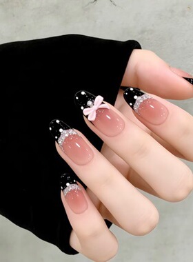 ins风穿戴甲黑色法式蝴蝶结可爱波点显白甲片爆款美甲贴片假指甲