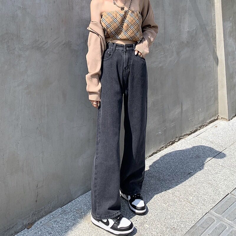 拖地牛仔裤女直筒宽松秋冬腰显瘦休闲百搭老爹阔腿长裤子chic潮