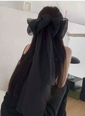 仙女的大蝴蝶结欧根纱发夹女网纱夹法式长头饰发饰黑色边夹顶夹女