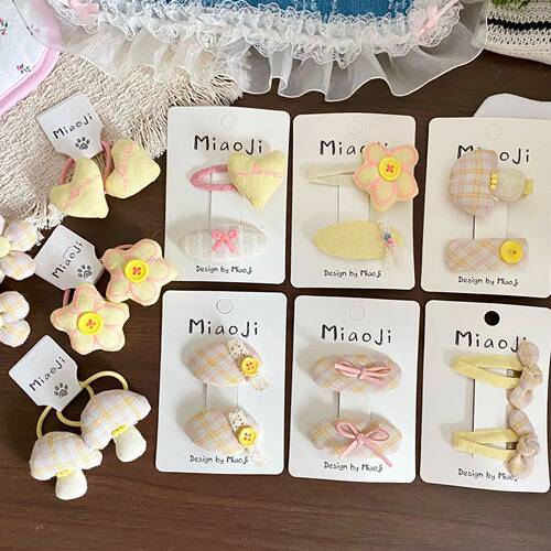 新款黄色格纹花朵爱心蘑菇儿童发夹发圈发卡边夹皮筋