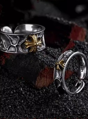 【勇者之心】暗黑风复古十字架s925银戒指男潮手工银饰错金高级感