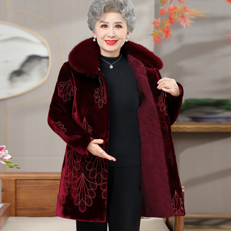 中老年人冬季外套女加绒加厚冬装棉衣奶奶装金丝绒大衣老人衣服