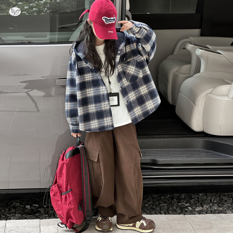 女童2025秋冬新款时髦格子复合连帽衬衫外套中大童户外休闲上衣潮，童装外套，祺儿童装