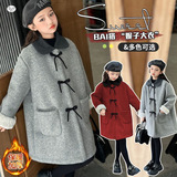 女童呢子大衣2025秋冬新款中大童韩系娃娃领蝴蝶结风衣中长款外套，童装外套，祺儿童装