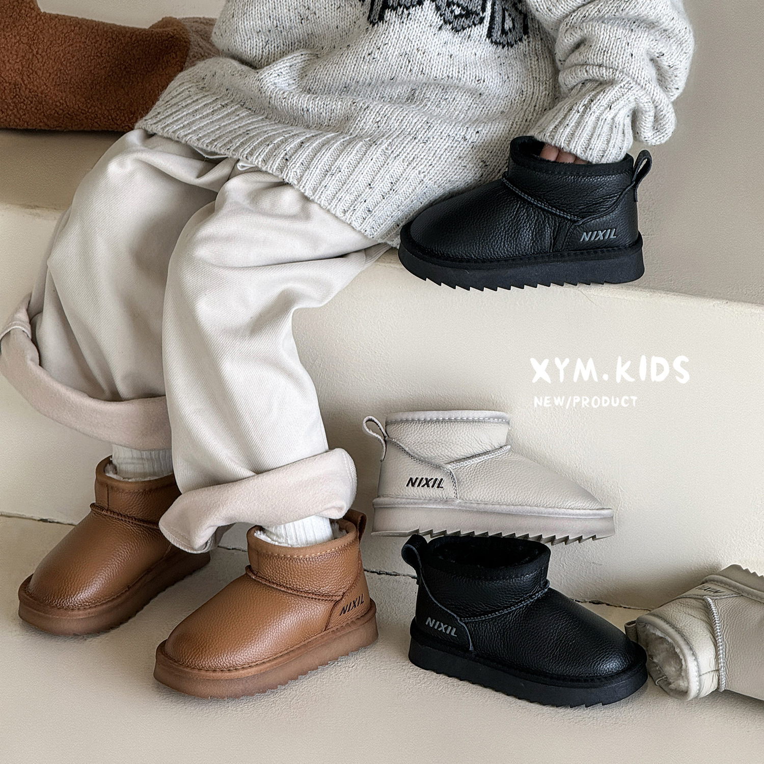 2025冬儿童雪地靴时尚百搭擦色加绒加厚雪地棉男女童大棉鞋黑米驼