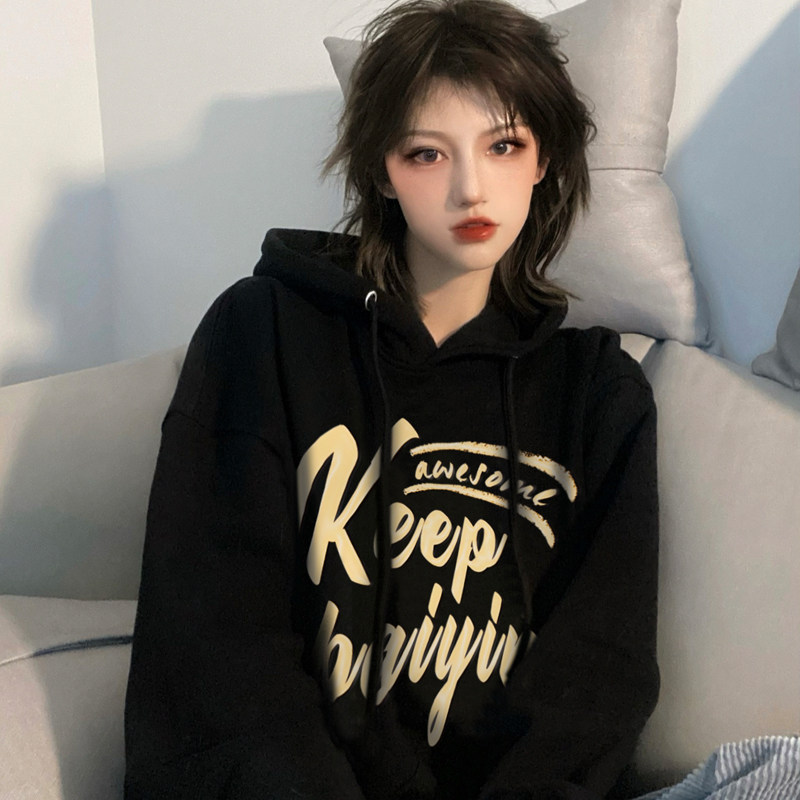 薄款 连帽印花黑色卫衣女秋季宽松套头外套跨境女装外贸eBay