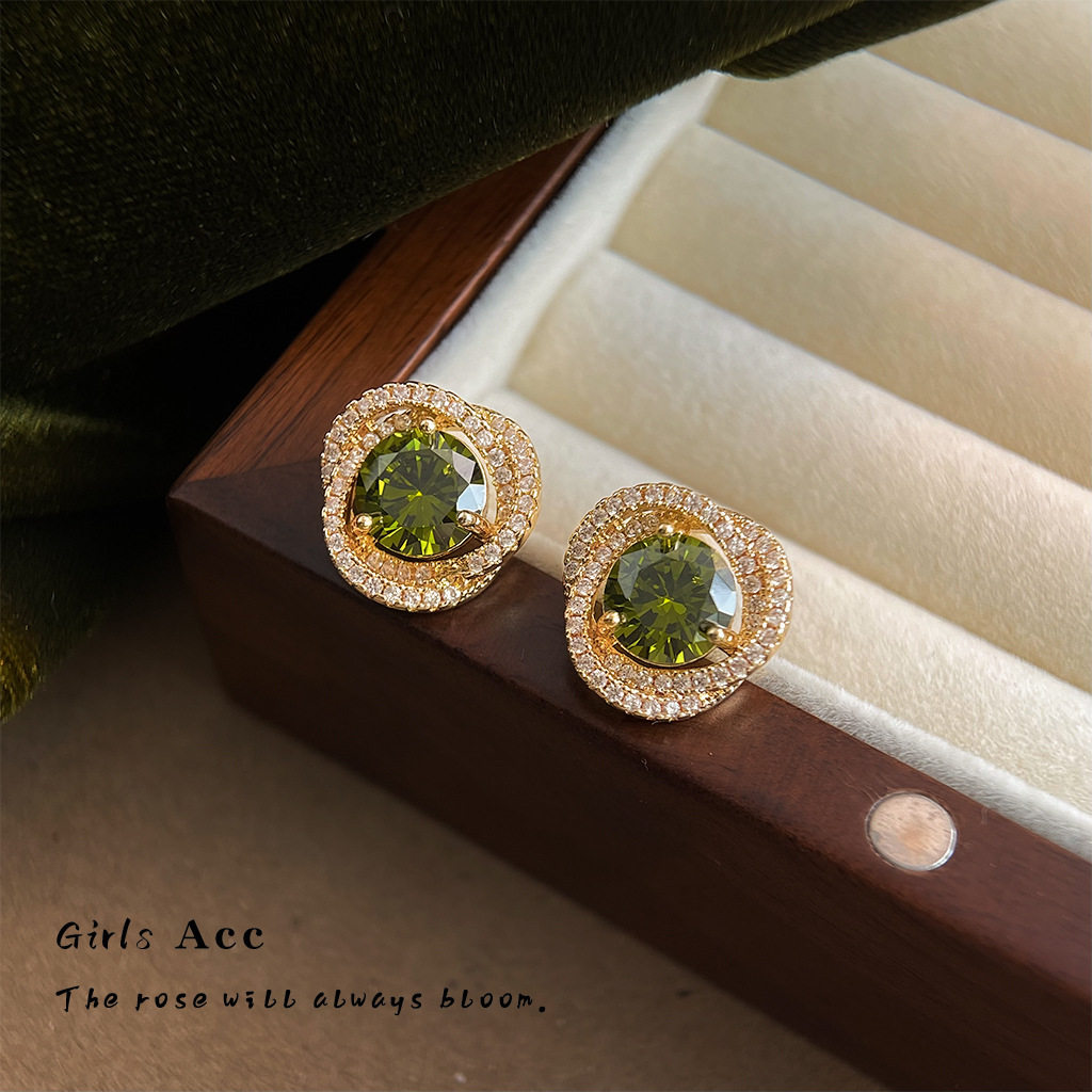 午后森林~轻奢风几何锆石耳钉银针法式优雅复古橄榄绿镶钻耳环