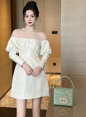 2025秋冬新款女装名媛气质一字肩泡泡羊腿袖收腰a字连衣裙21543