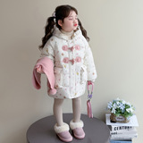 女小童牛角扣棉服冬季2025新款韩版洋气女中长款加绒加厚外套P115，童装棉衣，祺妙童装