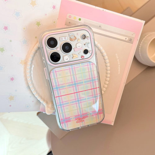 Korean Color Plaid Cute Dog Phone Case 适用 iPhone 17 Pro Max 16 15 14 Full Coverage Epoxy Case