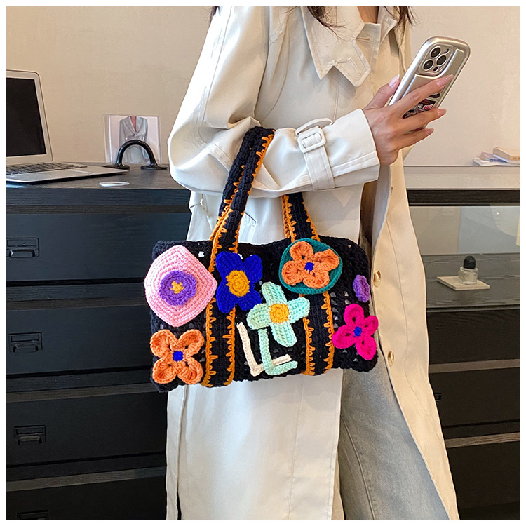 一针一线花朵图案田园风手工毛线编织包马卡龙镂空手提包